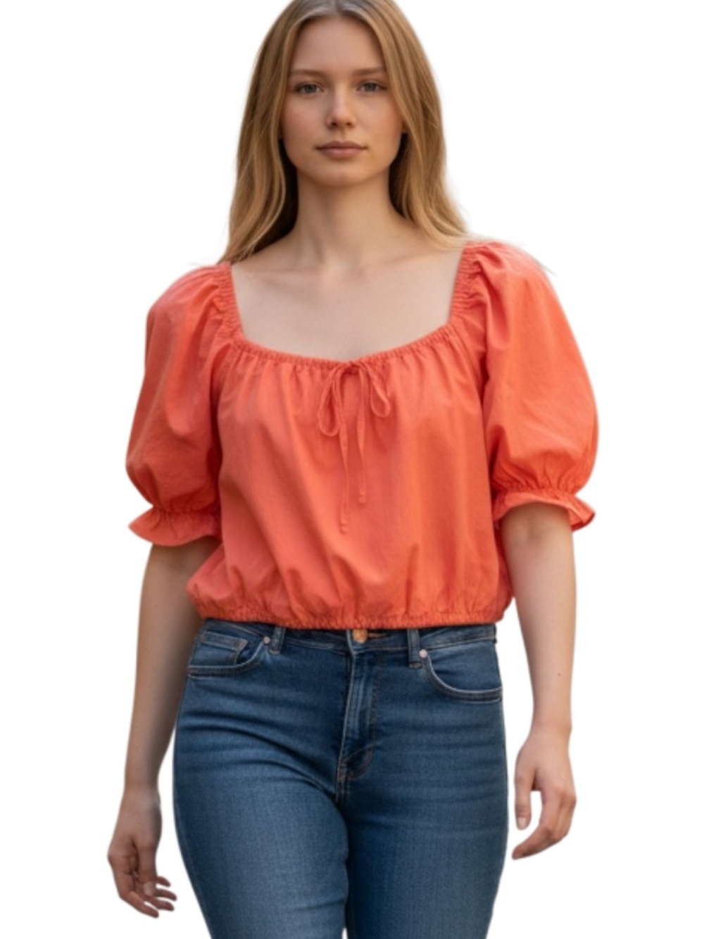 Universal Thread Coral Square-Neck Puff Sleeve Crop Top